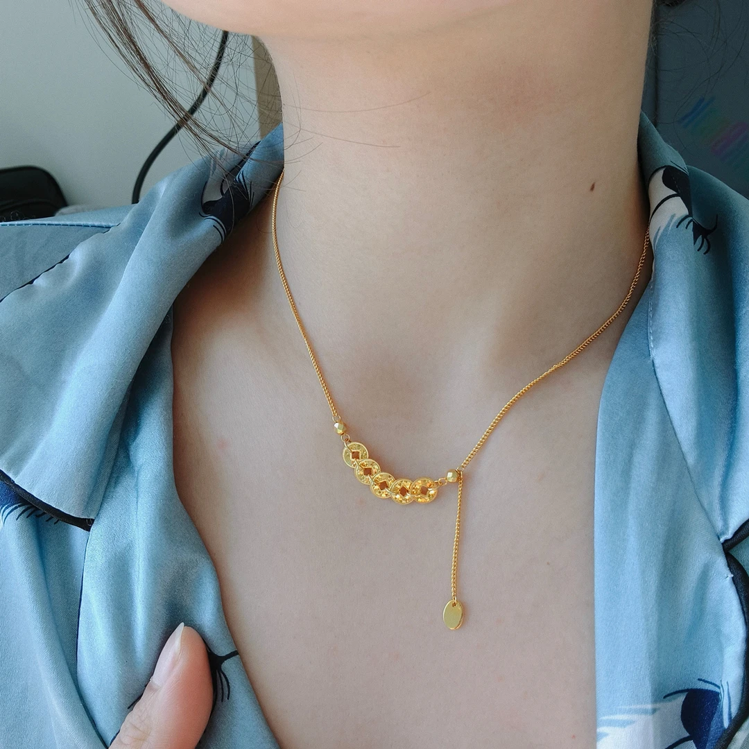 坠链均925银 碎冰冰五帝钱币项链女爆闪女士锁骨链时尚轻奢礼物