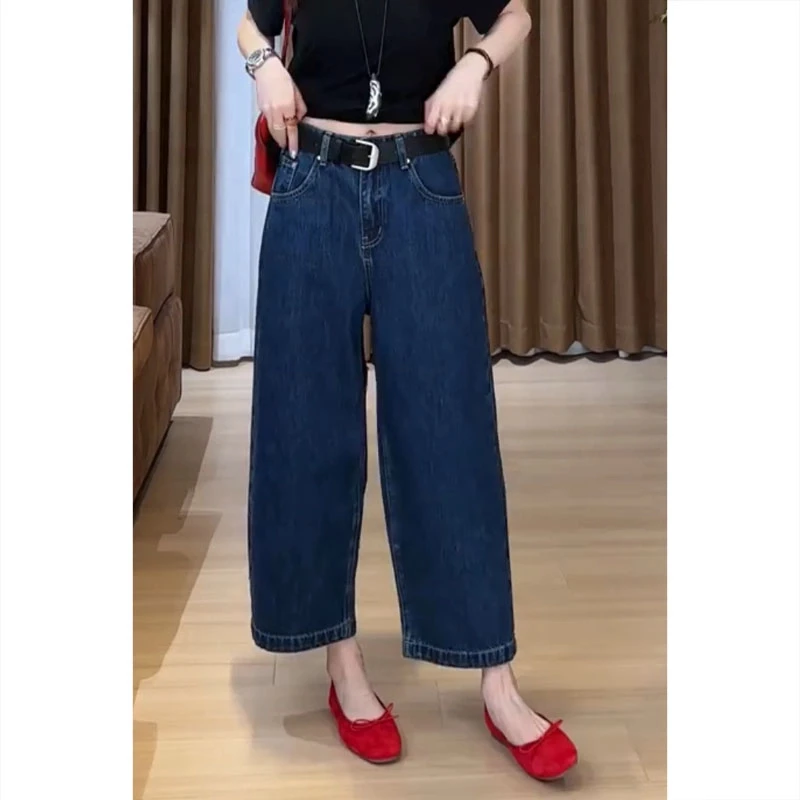 潮流显瘦蓝色直筒裤宽松牛仔裤女春夏新款遮肉阔腿裤小众九分裤女