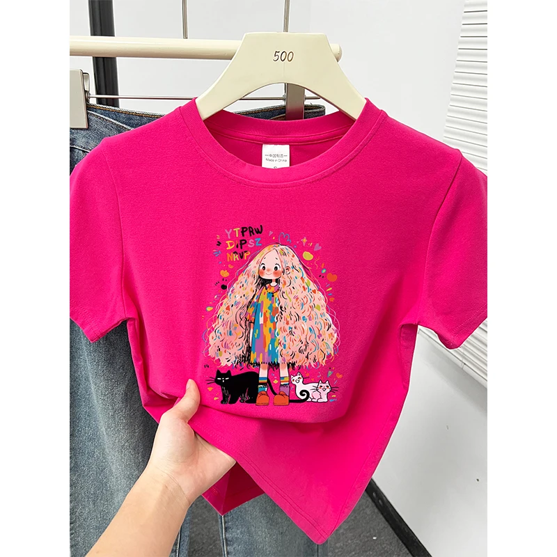 韩系ins洋气减龄印花正肩短袖t恤女夏新款火龙果色休闲圆领上衣