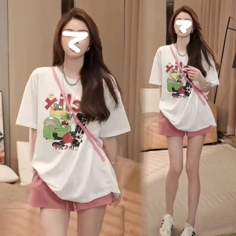 欧货漂亮卡通印花T恤女2025新款夏季短袖圆领打底衫宽松套头上衣