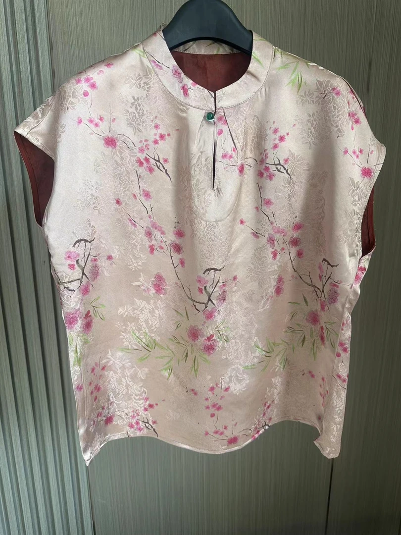 [甜蜜觅】桃花朵朵立领新中式高端女新款复古国风无袖提花小衫