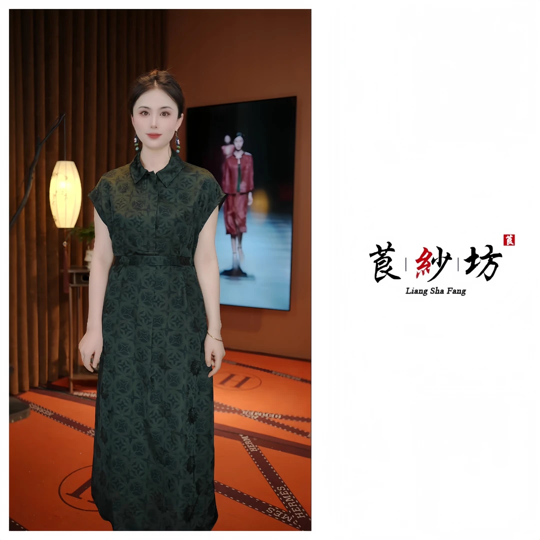 【绿风车】夏季气质减龄宽松显瘦花萝翻领长款连衣裙品质短袖女