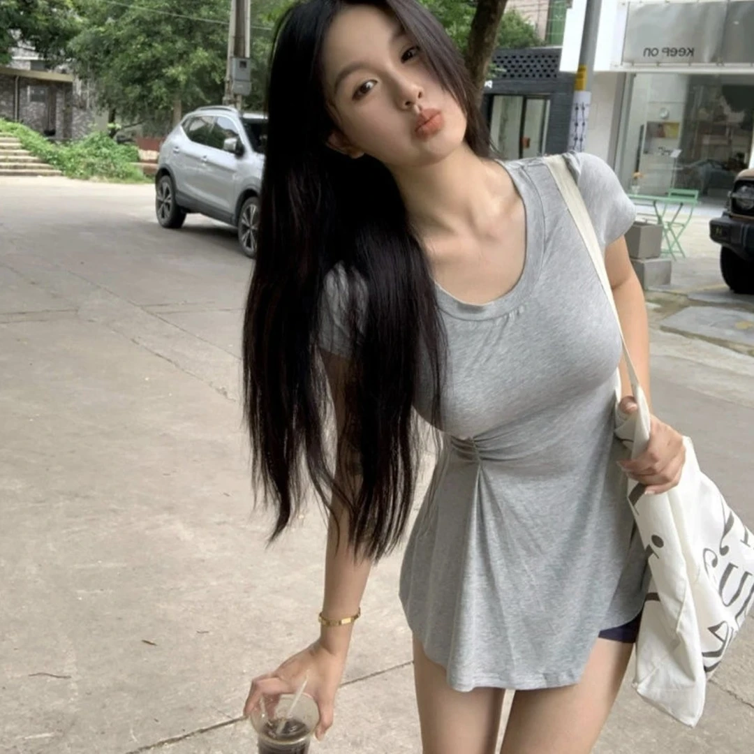 2025夏季新款圆领T裙掐腰小众设计感正肩T桖女时尚百搭显瘦上衣女