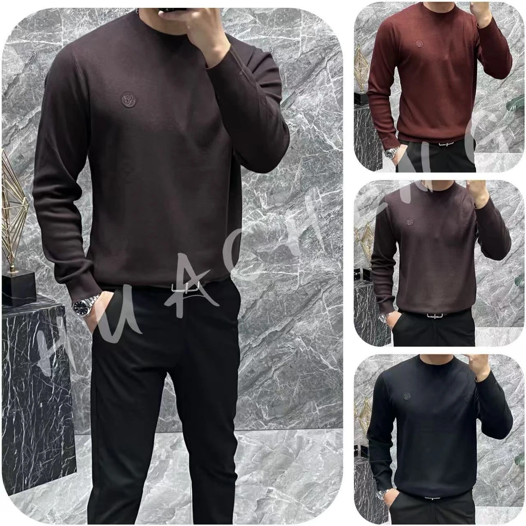 【HUACHENG】秋冬男士百搭新款圆领套头织花潮流修身打底衫冬季6088