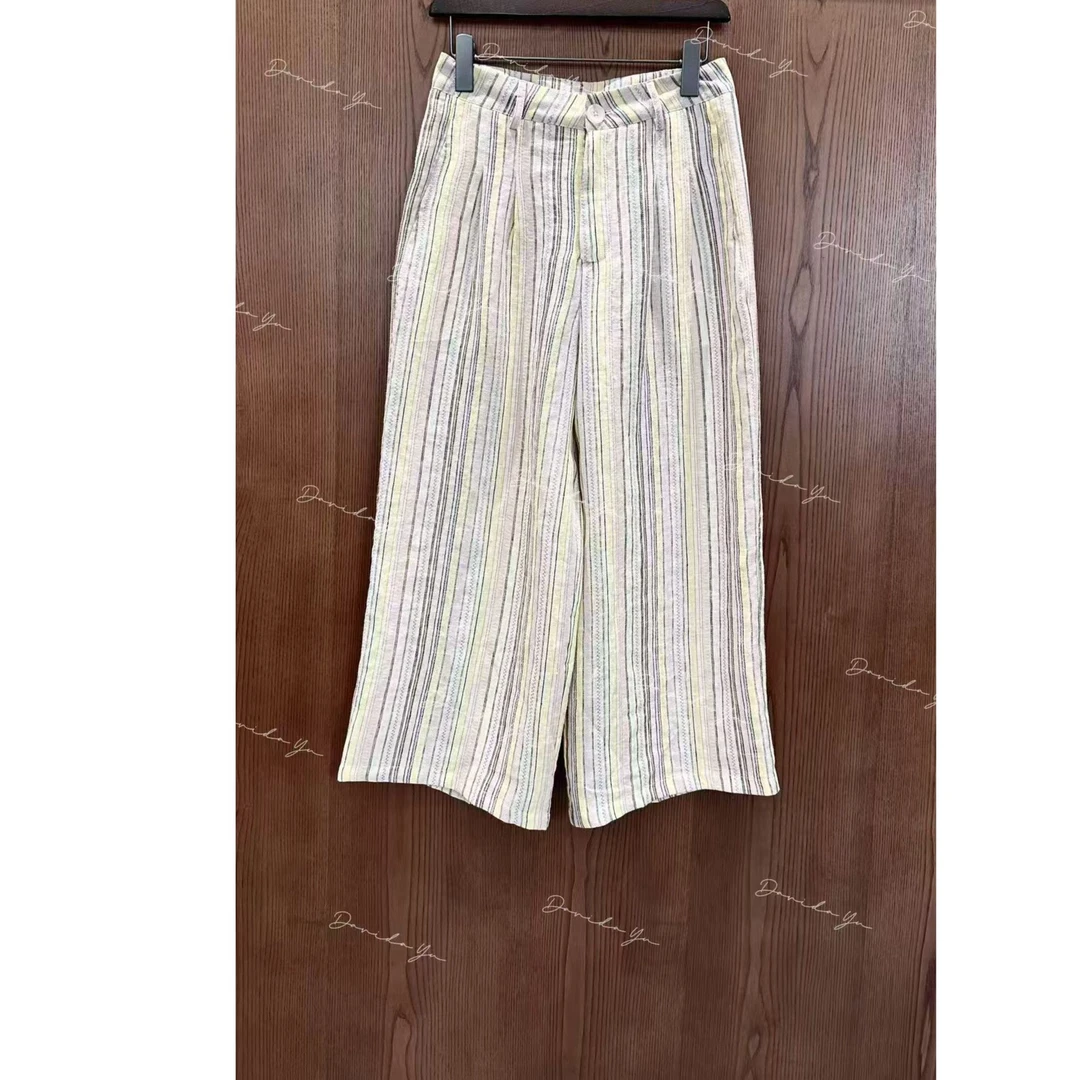 Davida Yu【九条】100色织亚麻条纹八分裤 直筒裤休闲裤 W51070-2