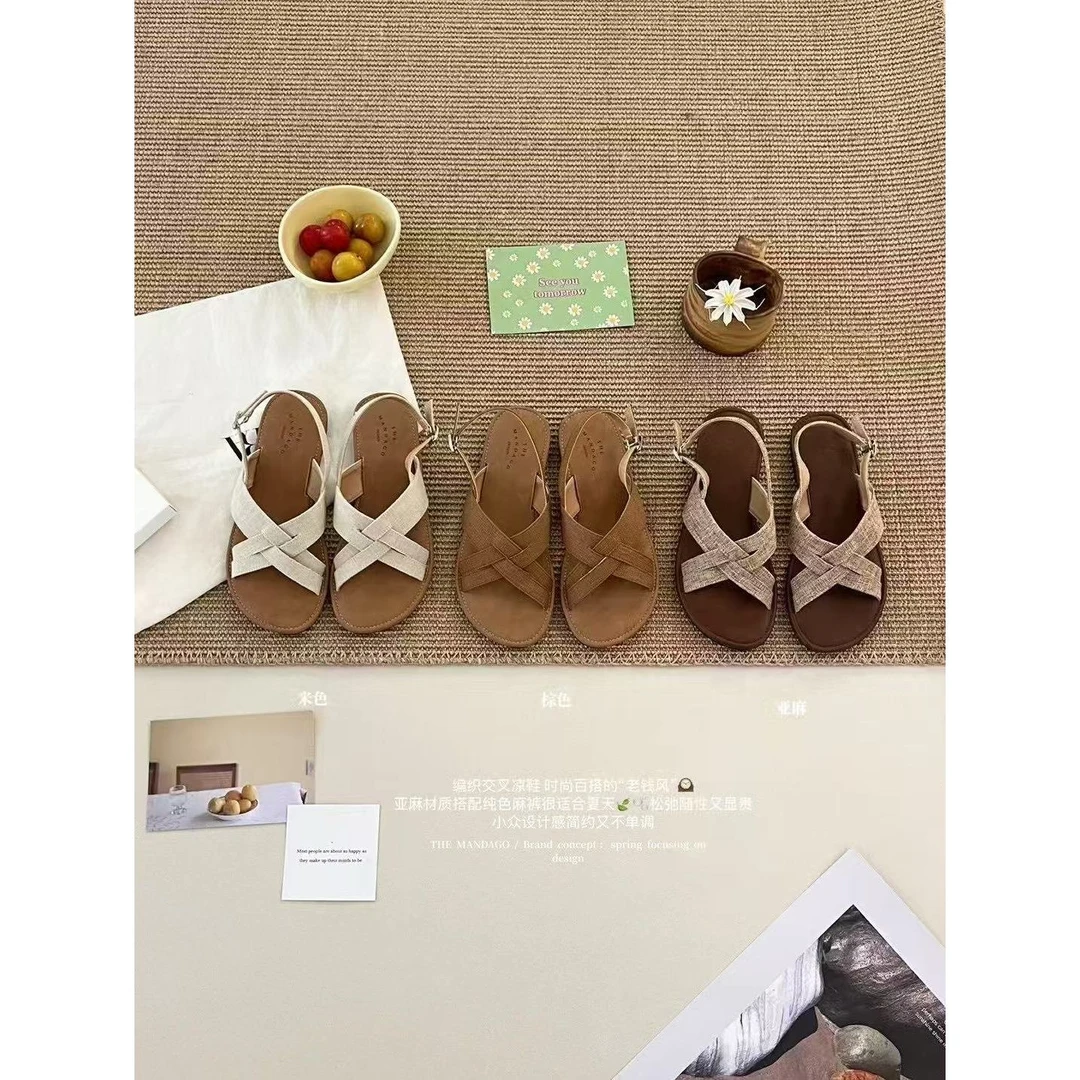 AB122#时尚百搭老钱风松弛慵懒感编织交叉凉鞋