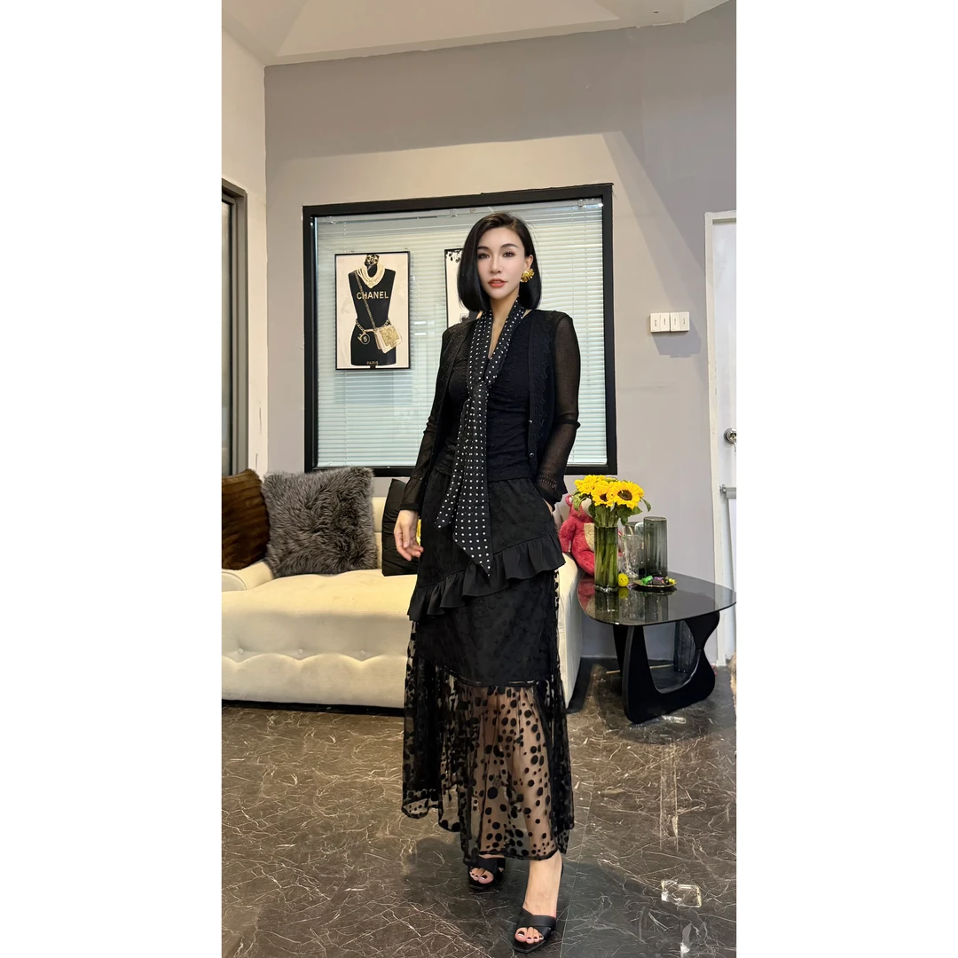 SONG-原创【半身裙-爱尔兰初】夏款定制波点网纱拼接黑色显瘦A摆