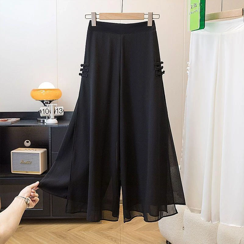 新中式宽松垂感开叉阔腿裤夏季大码女装胖遮肉显瘦九分裤裙