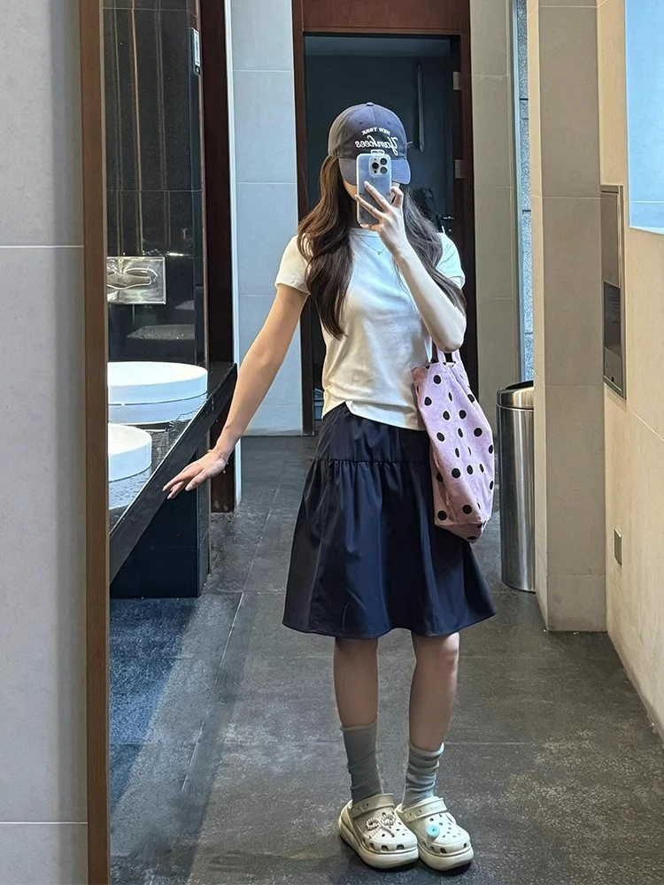 藏青色速干工装半身裙女夏季小个子高腰休闲运动短裙a字包臀裙子