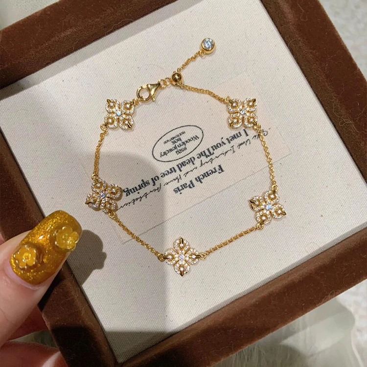 铜合金手链 爆款双面小众黄金色十字轻奢五花手链女款古法爆闪