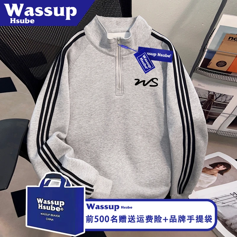 WASSUP HSUBE潮牌男女款上衣简约字母印花开衫秋冬宽松半拉链卫衣