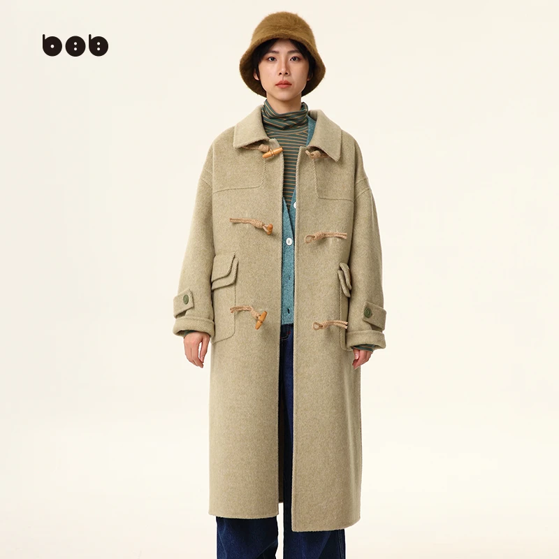 【商场同款】白目自中长款双面呢外套女2024冬新品翻领学院风大衣