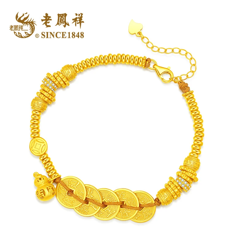 老鳯祥 925银手链 岁岁有钱手链女款手工时尚女士复古金色