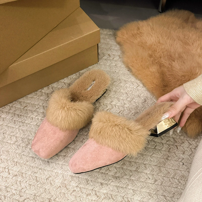 毛毛拖鞋女外穿法式粗跟2025新款秋冬保暖高级感包头穆勒棉拖鞋