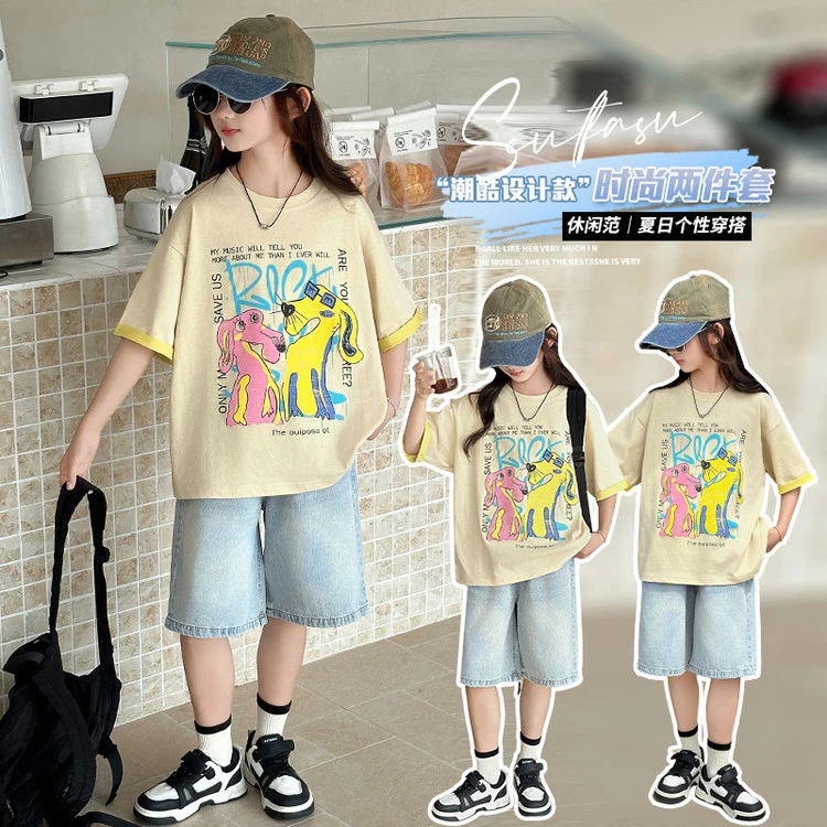 女童夏季韩版休闲短袖短裤套装女大童时髦洋气儿童夏装牛仔中裤潮