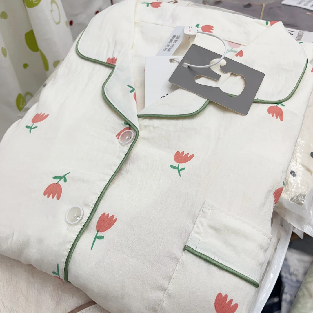 【R503】春秋款绿色郁金香短袖短裤+长裤三件套+胸垫【开衫款】