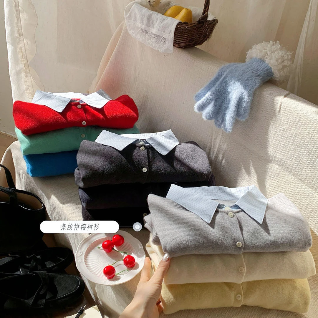 复古条纹拼接翻领假两件针织开衫女冬早春简约智性小外套气质上衣