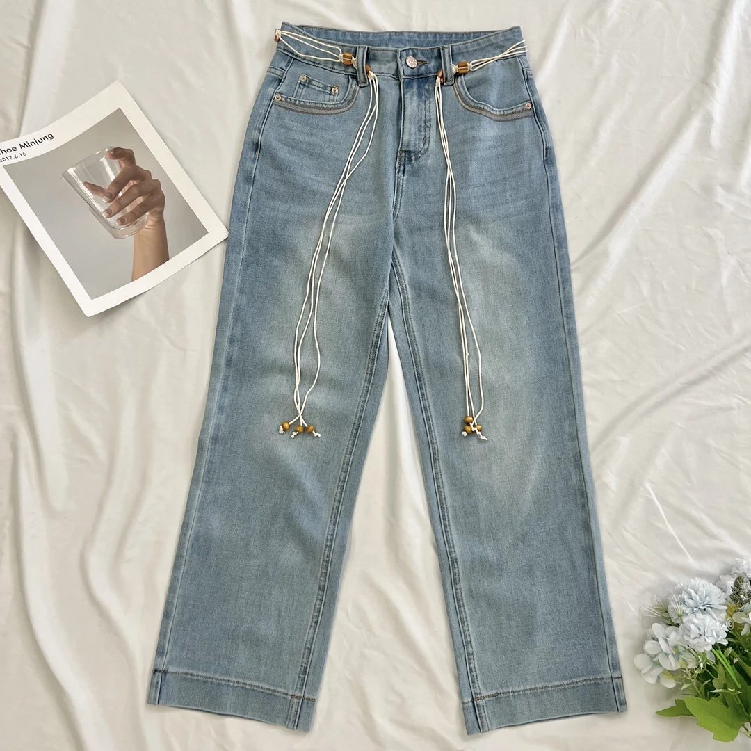 【叶子服饰】夏季新款时尚修身百搭设计款腰带牛仔裤6086