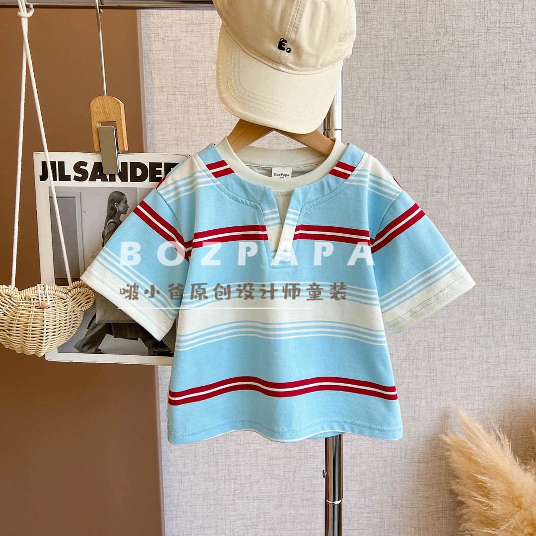 现货啵小爸【红纹水浪】2025夏季男童韩系条纹假两件设计T恤