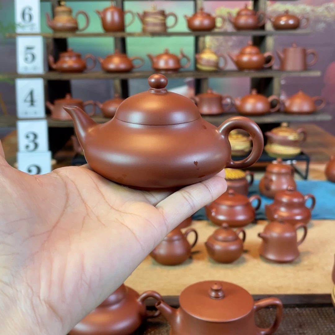 茶壶紫砂?***?潮州手工手拉朱泥扁梨壶