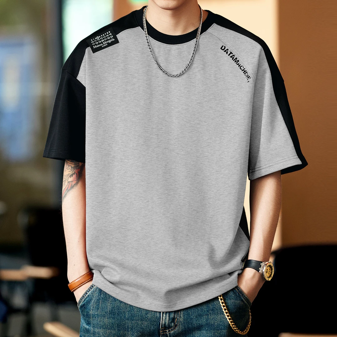 格蓝鹿美式复古拼接撞色宽松短袖t恤男夏季新款休闲圆领半袖体恤