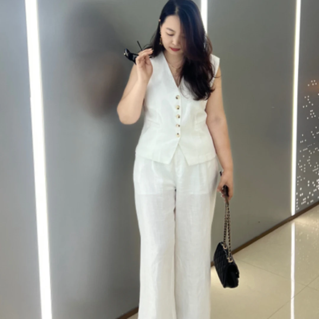 老钱风夏季女亚麻马甲阔腿裤时尚轻奢套装