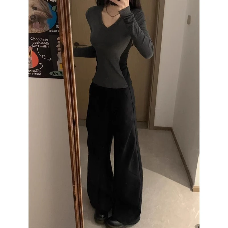 修容拼色修身打底衫t恤女春秋纯欲弹力显瘦正肩内搭上衣冬季气质