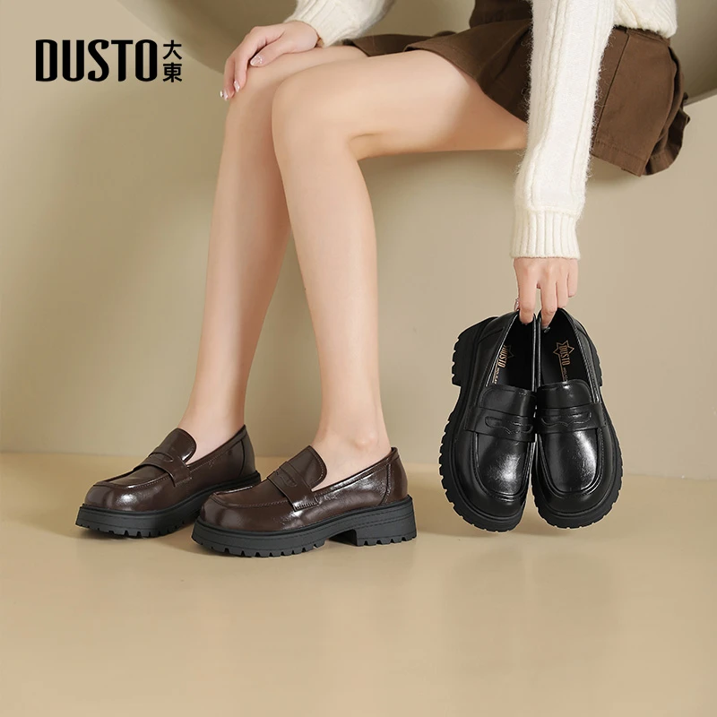 大东2025春季新款皮鞋学院风中跟粗跟增高复古百搭女鞋乐福鞋