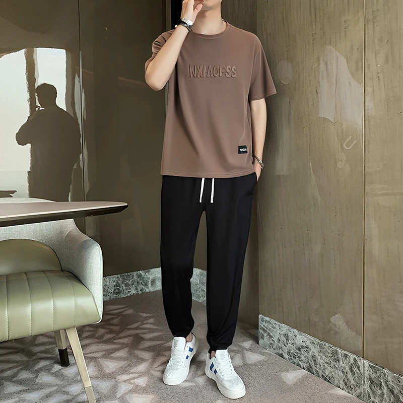 男士夏季短袖t恤搭配直筒长裤子穿搭潮牌宽松一整套休闲运动套装