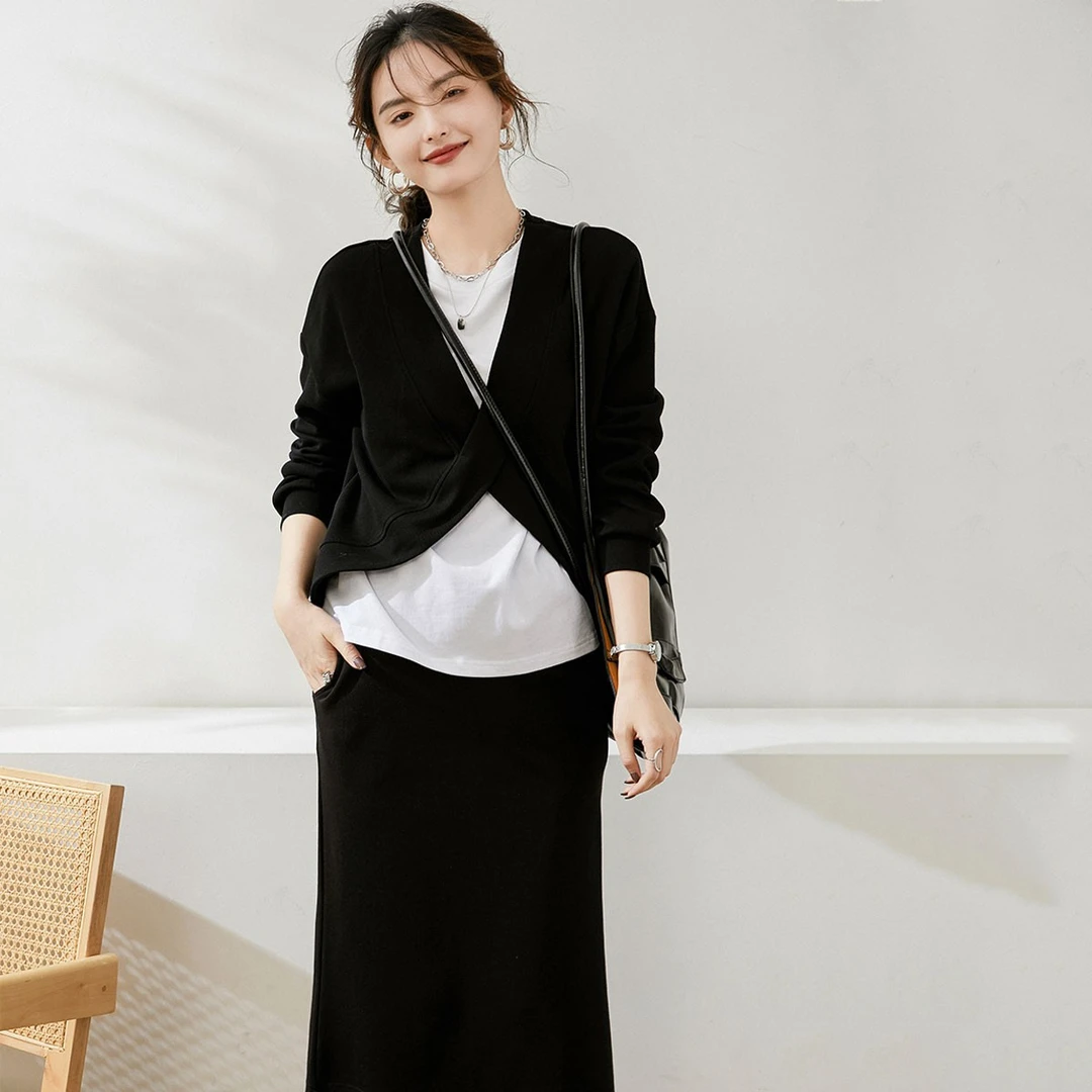 白鹿语假两件卫衣半身裙撞色显瘦时尚气质休闲长袖套装女BY22314