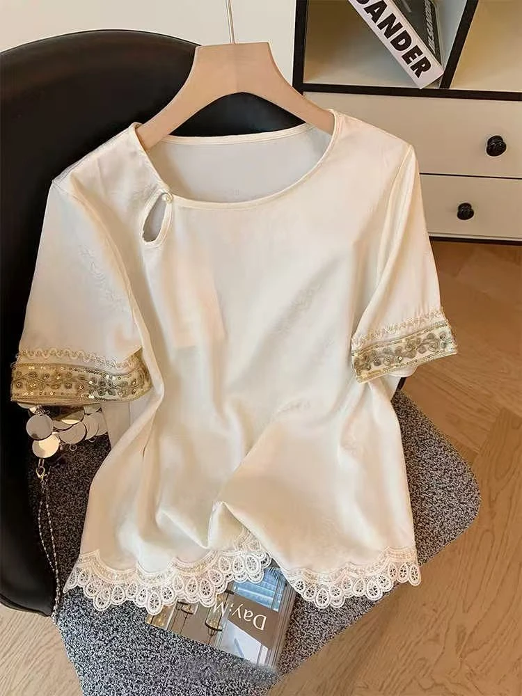 新中式国风短袖圆领衬衫女宽松遮肚别致小衫洋气显瘦上衣夏季