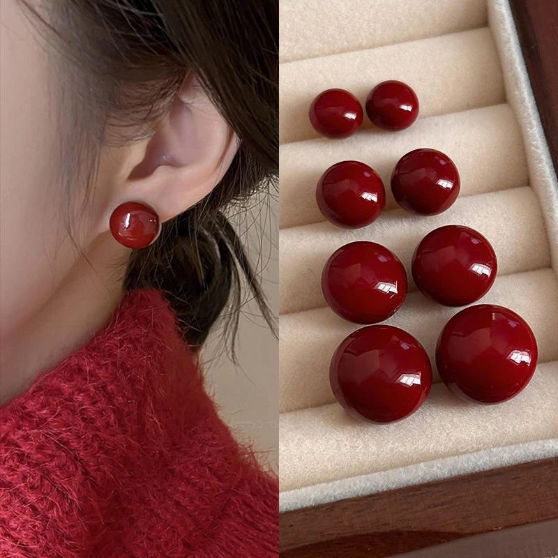 合金耳饰 安可拉红馒头珍珠耳钉女百搭秋冬简约气质女款耳环