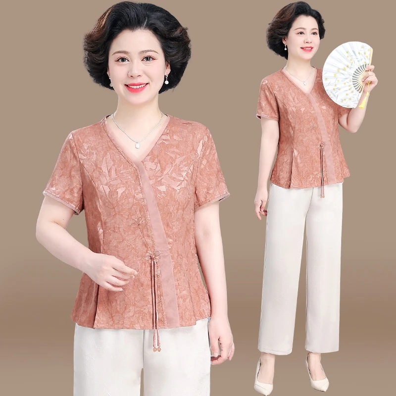 新中式妈妈夏装套装2025新款中老年夏季短袖小衫国风上衣两件套女