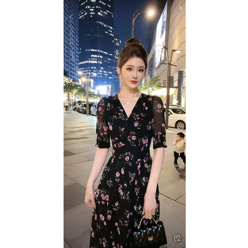 山茶瑰色短袖夏款超显瘦连衣裙气质收腰法式显瘦夏季系带时尚长裙