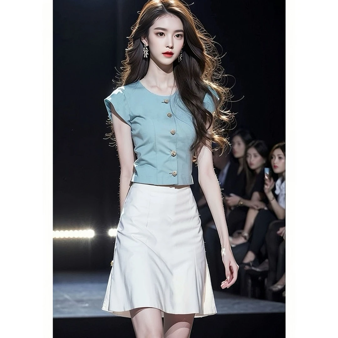 祗2024新款气质名媛韩系高级感穿搭小香风蓝色上衣半身裙女