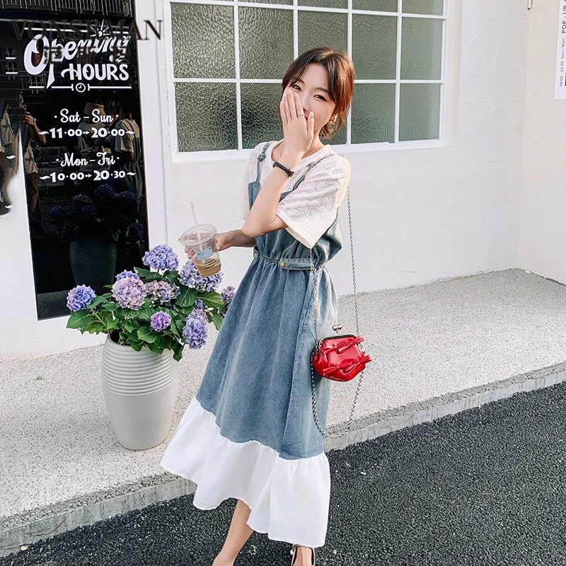 小众不撞款拼接假两件牛仔连衣裙女夏季独特漂亮收腰显瘦休闲长裙