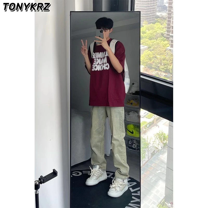 TONYKRZ美式复古黄泥色牛仔裤男款痞帅vibe裤子高街弯刀微喇长裤