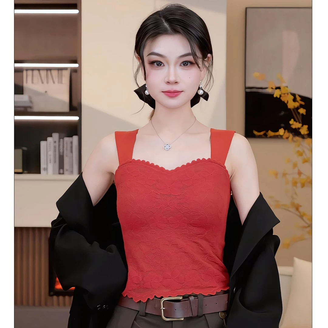 曼娜莎秋冬新款蕴华蕾丝磨毛背心性感时尚百搭轻盈舒适内搭外穿