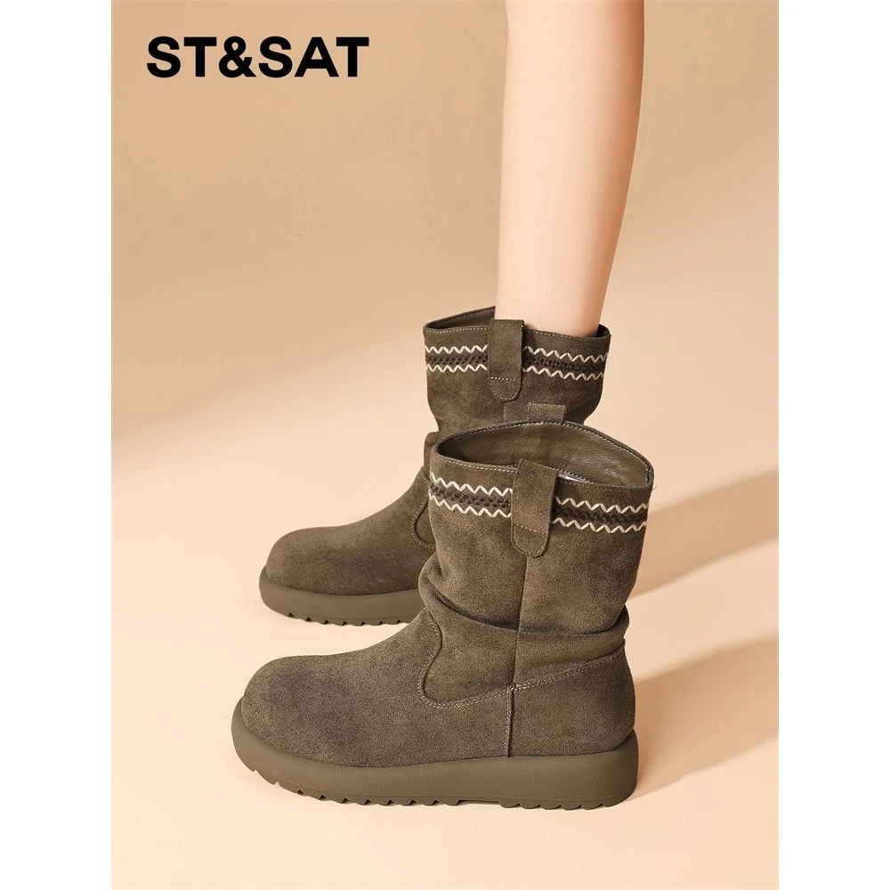 星期六短靴女秋季单靴2025新款复古厚底西部牛仔靴中筒皱褶堆堆靴