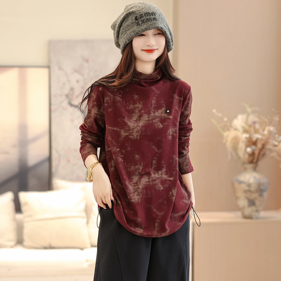 印花半高领加绒打底衫女冬季新款文艺棉套头减龄修身百搭长袖T恤