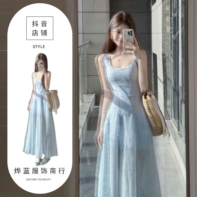 蓝色吊带连衣裙女2025夏季新款收腰高级感度假风海滩法式小众长裙
