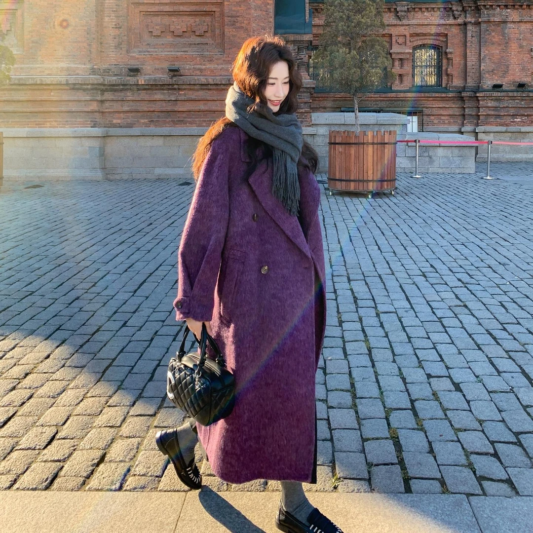 气质高端蓝莓紫色双面羊绒大衣女2025冬季新款长款苏利绒毛呢外套