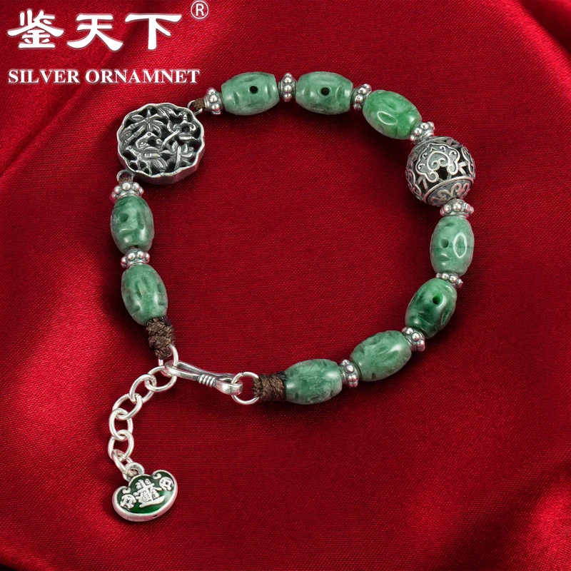 925银手链 【鉴天下】复古油豆珠爱心圆珠手链06200149气质国风