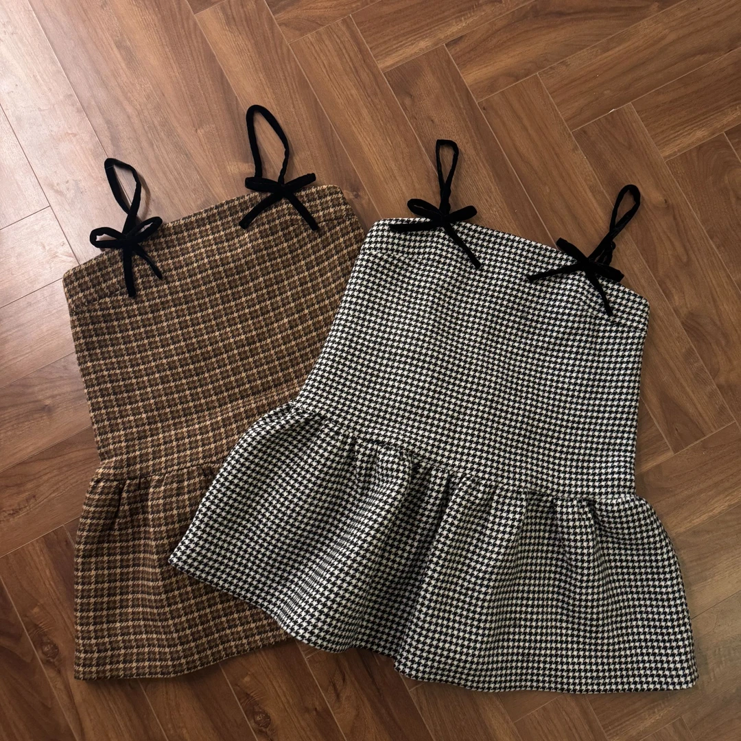 千鸟格吊带百褶A字短裙连衣裙88758