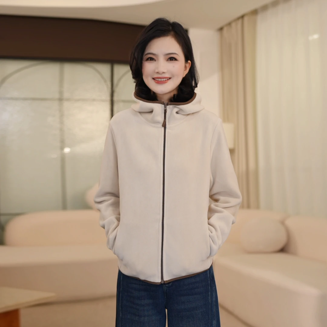 枫竺阿楠anan双面摇粒绒连帽撞色保暖显瘦卫衣女冬季百搭通勤上衣