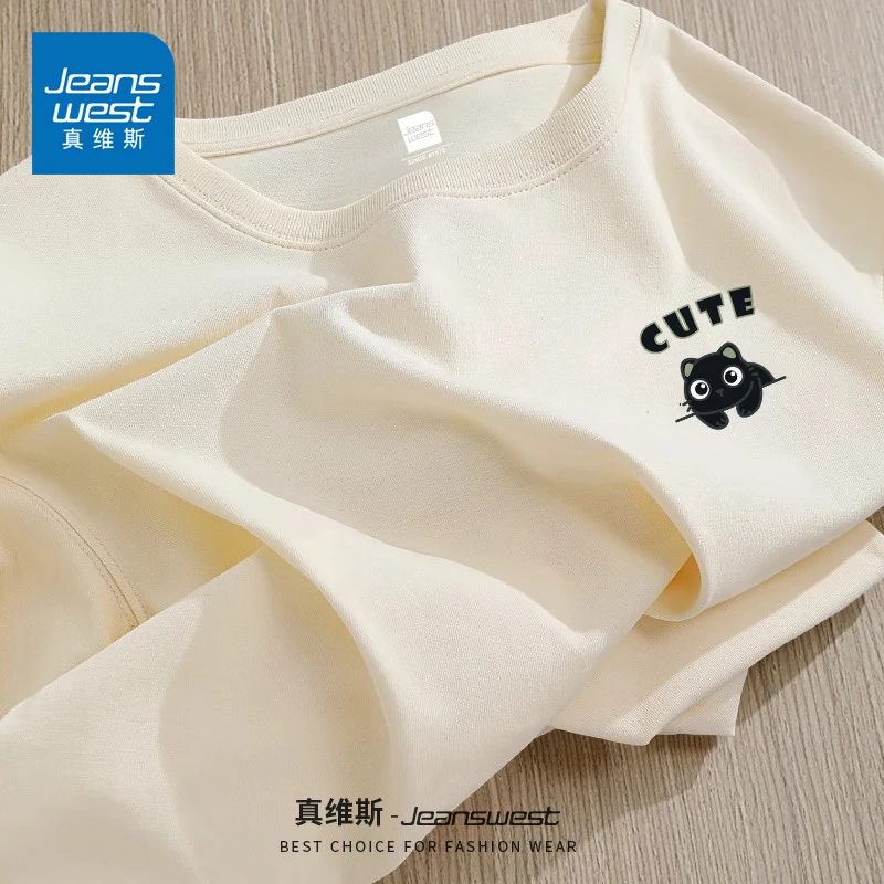 真维斯情侣短袖t恤男女款夏季可爱猫咪印花上衣重磅纯棉正肩半袖