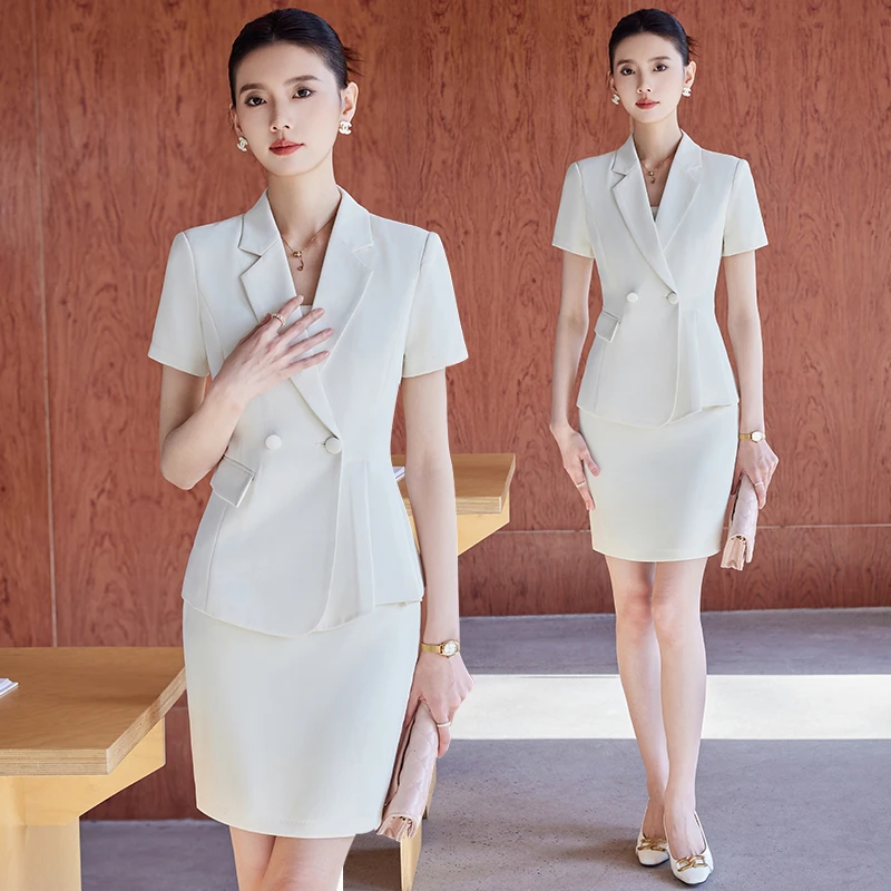 白色职业西装套装女夏季高端西服女神范短袖正装珠宝美容院工作服