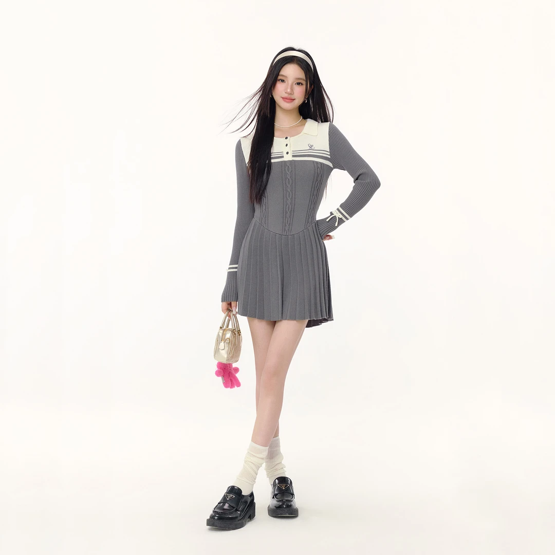 FPMZ【官方】学院风翻领条纹撞色针织裙连衣百褶裙蝴蝶结修身毛衣裙