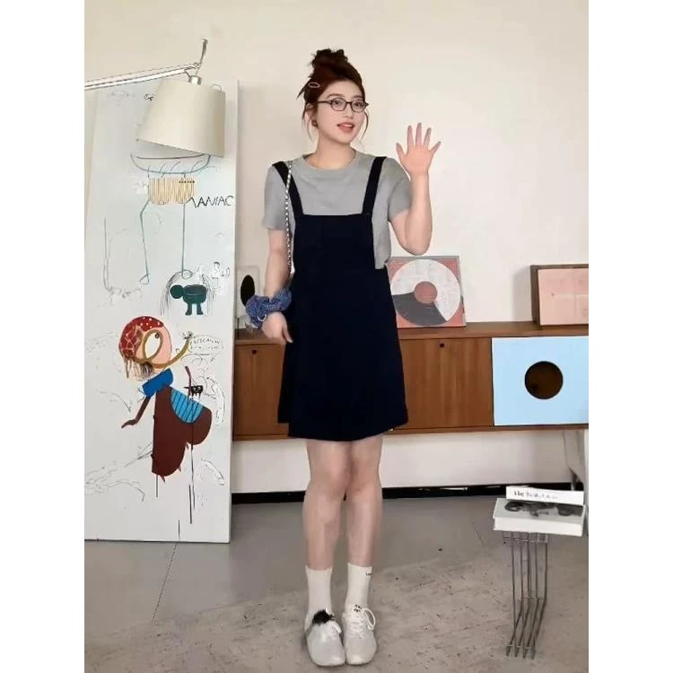 夏季简约宽松短袖上衣高腰背带裙两件套大码女装7893
