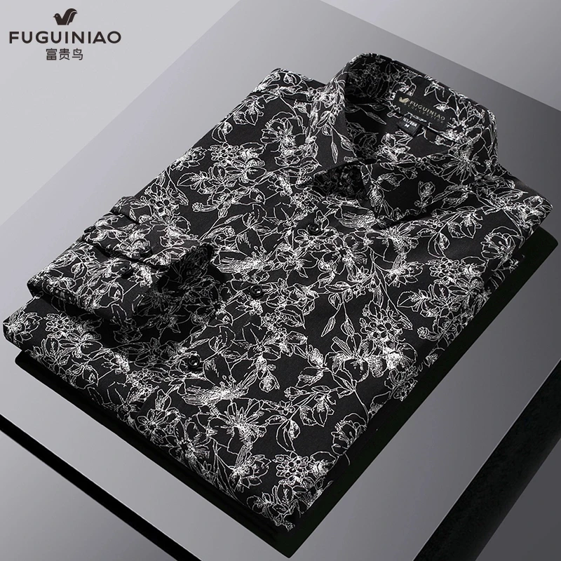 FUGUINIAO/富贵鸟男士长袖衬衫中国风垂感轻奢花型时尚春秋季衬衣